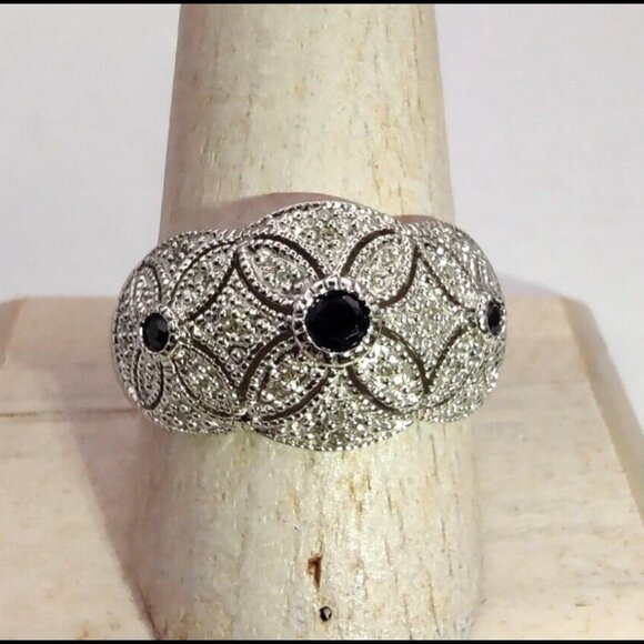 Vintage Jewelry - Estate Affinity Sapphire and Pave Diamond Sterling Silver Ring 8
